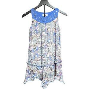 D-Signed Sleeveless Ruffle Tiered Bandana Dress Blue Pink Yellow Small 7/8